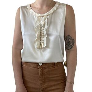 Talbots Womens Stretch Silk White Ruffle Front Sleeveless Preppy Blouse Sz 10